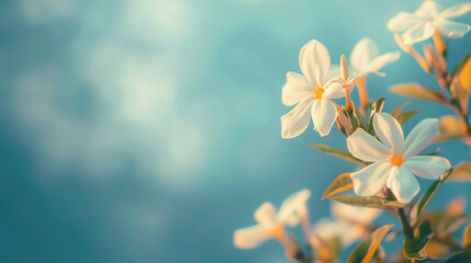 A spring background with delicate Jasmine flower flowers against blue sky