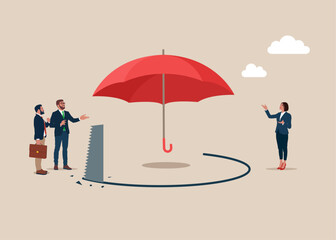 Fraud and failure business. Umbrella theft. Thief sawing the floor to make security collapse falling down. Flat vector illustration. © Vadym