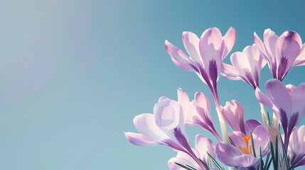 A spring background with delicate lilac crocus flowers against blue sky