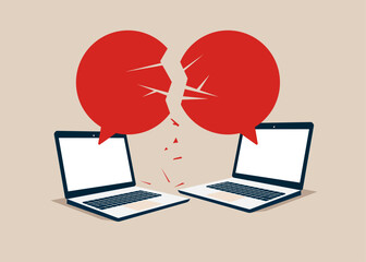 Business online communication breakdown.  Misunderstanding, negotiation problems, miscommunication, argument. Flat vector illustration
