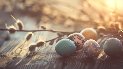 Golden Hour Easter Ambiance, Decorated Eggs with Patterns Beside Delicate Willow Branches on a Textured Wooden Table, Warm Sunset Light, Festive Springtime Mood.