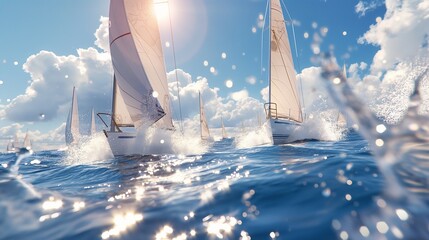 A fleet of Olympic sailing boats racing, with sails full and water splashing - obrazy, fototapety, plakaty