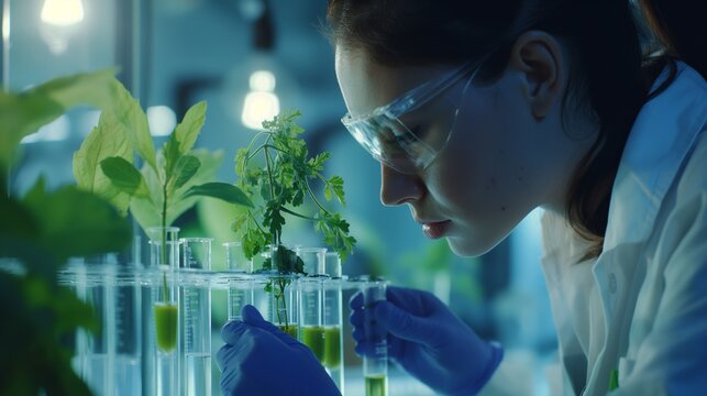 A food scientist in a lab, examining a test tube with a new plant-based protein formula, symbolizing innovation in alternative proteins. 8k