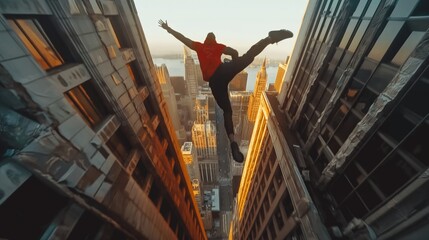 A freerunner leaps between two buildings, with the cityscape stretching out in the background. - obrazy, fototapety, plakaty