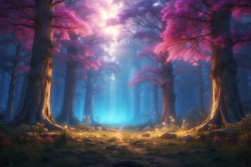 magical light warms mystic atmosphere in timeless fantasy forest - obrazy, fototapety, plakaty