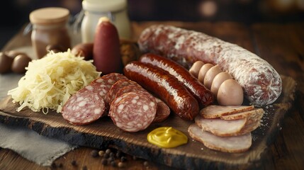 A German gourmet sausage platter, with a selection of artisan sausages, sauerkraut, and mustard, served on a wooden board, capturing the hearty essence of German cuisine. 8k - obrazy, fototapety, plakaty