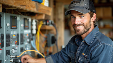 Professional electrician man works in a switchboard with an electrical connecting cable, Electrician repairing. - obrazy, fototapety, plakaty