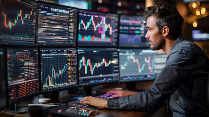 Crypto trader sitting in front of computers with multi-monitor workstation, making professional analysis of candlestick chart.