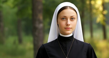 Monja joven en bosque soleado