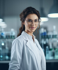 Beautiful doctor woman wearing white coat and glasses in modern medical science laboratory.

