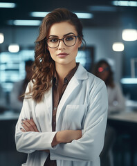 Beautiful doctor woman wearing white coat and glasses in modern medical science laboratory.
- 742790018