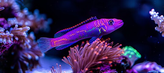 Royal gramma fish swimming among colorful corals in saltwater aquarium environment