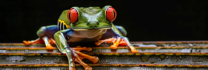  Vibrant red eyed amazon tree frog perched on palm leaf with copy space for text placement © Ilja