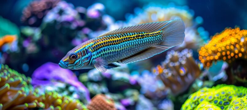 Colorful blenny fish swimming among vibrant corals in a saltwater aquarium environment