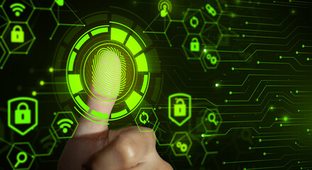 Fingerprint scan provides security access with biometrics identity and approval. Future of security...