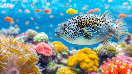 Fototapeta na wymiar Pufferfish elegantly gliding through vibrant corals in a saltwater aquarium setting