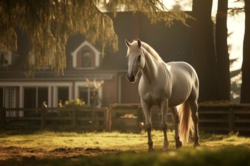 Majestic white horse in a golden sunrise near a country house