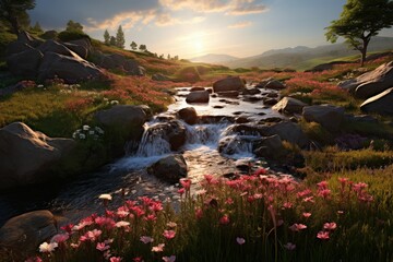 Naklejka na ściany i meble Idyllic stream with pink flowers and boulders at sunrise