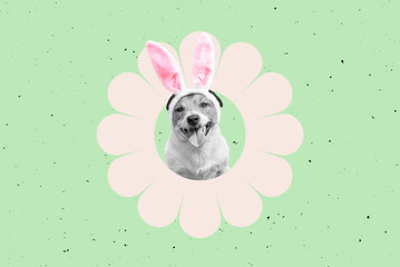 Dog with Easter bunny ears inside pink flower on green background