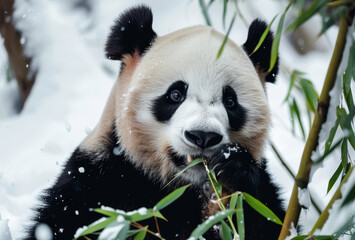 Obraz premium Giant panda munching bamboo in snow