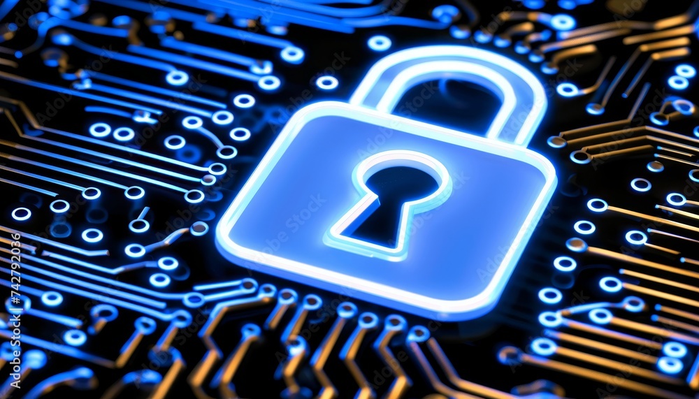 Poster securing data, networks, and financial transactions with cybersecurity measures and encryption