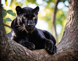 Tuinposter A black panther with beautiful eyes lies on a tree © orelphoto