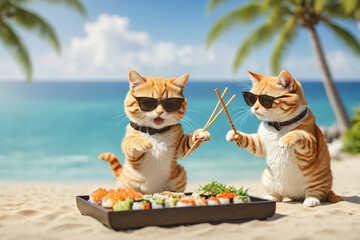 Two cats with sunglasses and chopsticks fighting for delicious sushi on the beach, funny sushi ad,...