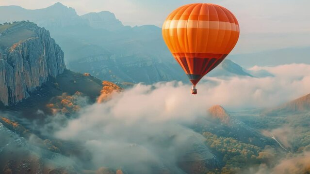 A Colorful Hot air balloon flying over beautiful mountains with of a foggy mountain landscape