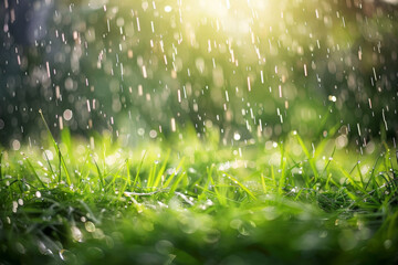 A grassy area that has a rain droplet in the air over a green blade of grass.