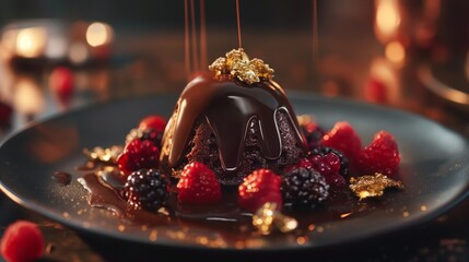 A luxurious chocolate dessert, consisting of a glossy chocolate dome, melted tableside to reveal a rich, molten chocolate cake with gold leaf and fresh berries, on a dark, elegant plate. 8k
