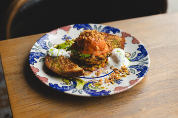 Delicious breakfast, afternoon snack, lunch. Appetizing pancakes with sauce.