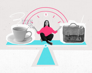 Poster. Modern aesthetic artwork. Woman meditating sitting on scales with cup of coffee and bag...