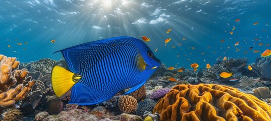 Colorful royal gramma fish swimming among vibrant coral reef in saltwater aquarium environment