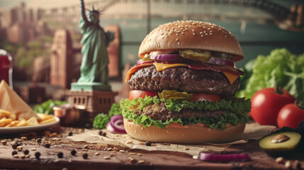 New york American culture real burger with the monument view  - obrazy, fototapety, plakaty