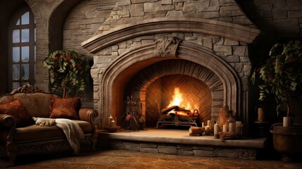 mantel arched fireplace - obrazy, fototapety, plakaty