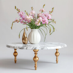 marble coffee table with flower vase on top