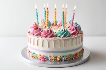 Colorful frosted birthday cake with candles. Tasty, happy, delicious and sweet.