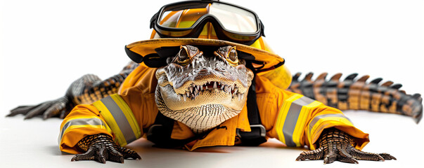 A brave crocodile in a firefighter's uniform on a white studio background
