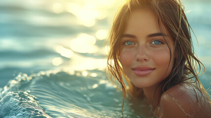 beautiful blonde blue eyes tan woman is swimming in the clear green ocean water 