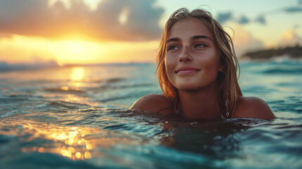 beautiful blonde tan white woman is swimming in the clear green ocean water at sunset time 