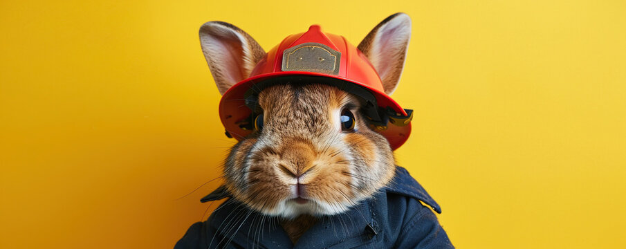 A brave rabbit in a firefighter's uniform on a yellow studio background