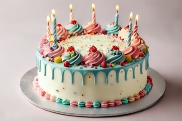 Colorful frosted birthday cake with candles. Tasty, happy, delicious and sweet.