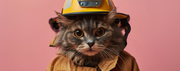 A cute cat in a firefighter's uniform on a pink background