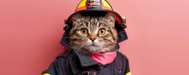 A cute cat in a firefighter's uniform on a pink background - obrazy, fototapety, plakaty