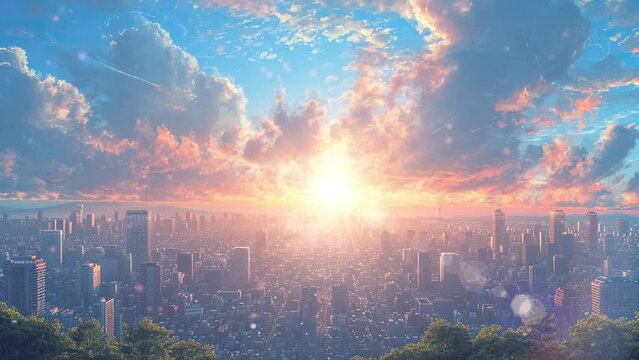 Anime city skyline landscape. Loop animation video