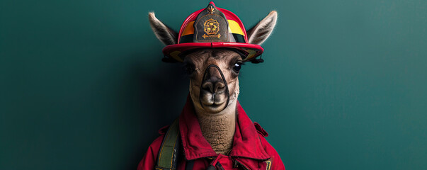 Fototapeta premium A cute Lama in a firefighter's uniform on a green background