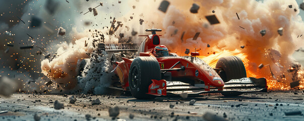 A dramatic scene of formula car crashing with debris flying during competition event. Dangerous sport