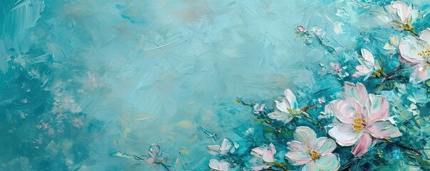 Flower background in art nouveau painting style with empty space for your text. Teal turquoise abstract banner.