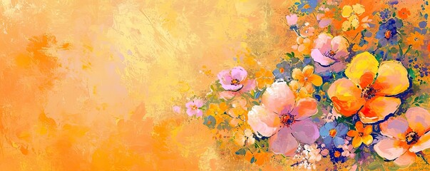 Flower background in art nouveau painting style with empty space for your text. Colorful orange abstract banner.