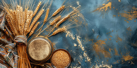 the dhol drum lies on the table next to the ears of wheat and a bowl of grain, the Indian holiday Baisakhi, copy space - obrazy, fototapety, plakaty